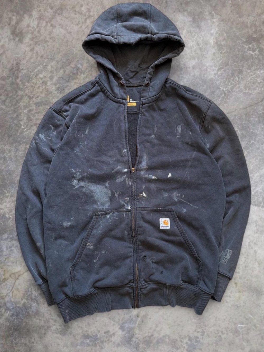 2000s Y2K Thrashed Carhartt Black Paint-Splatter Full-Zip Hooded Work Jacket